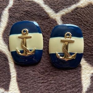 Vintage 80’s Nautical Anchor Earrings in Navy Blue and Gold Tone